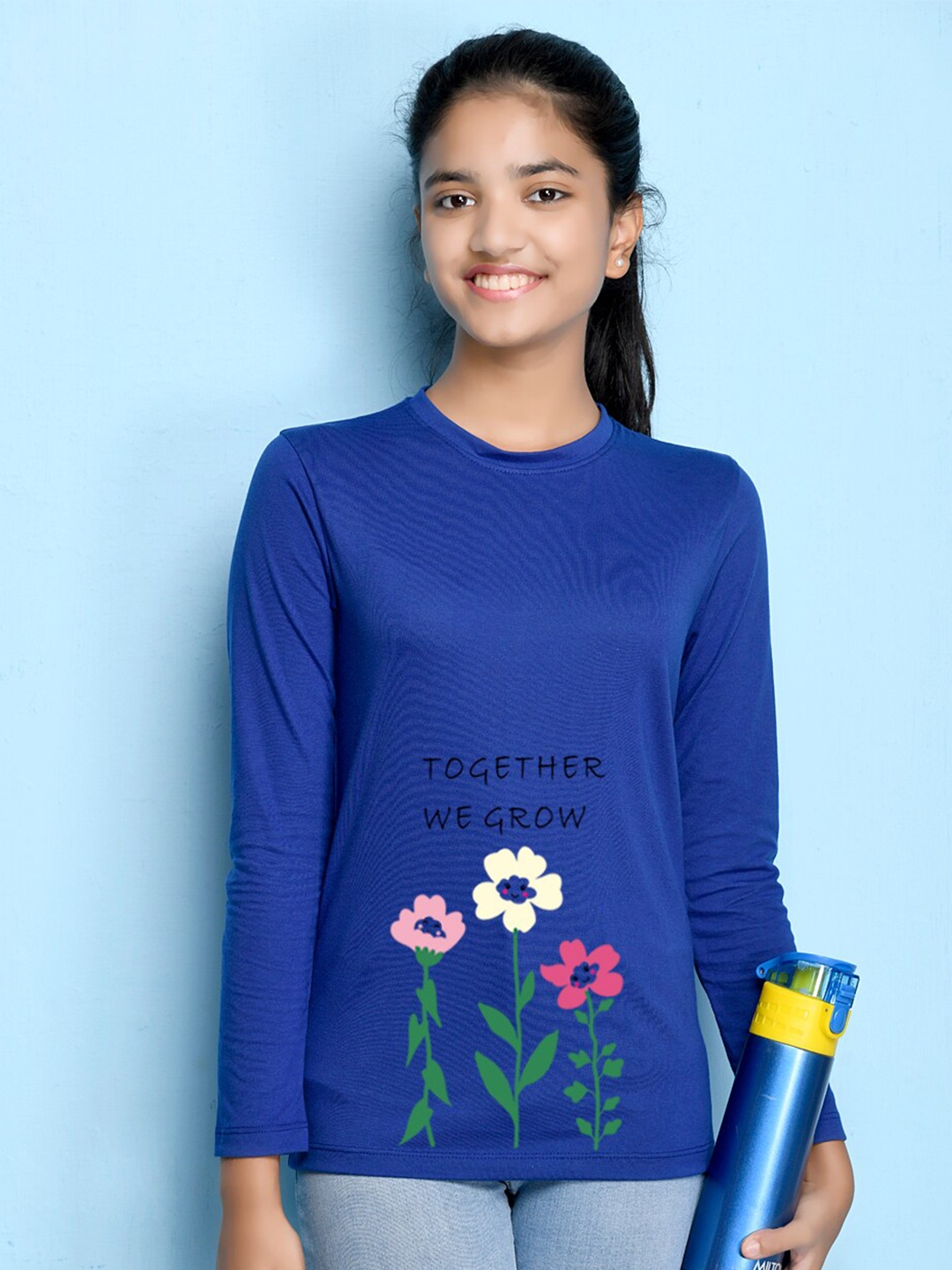 

NUSYL Girls Blue Printed Drop-Shoulder Sleeves T-shirt
