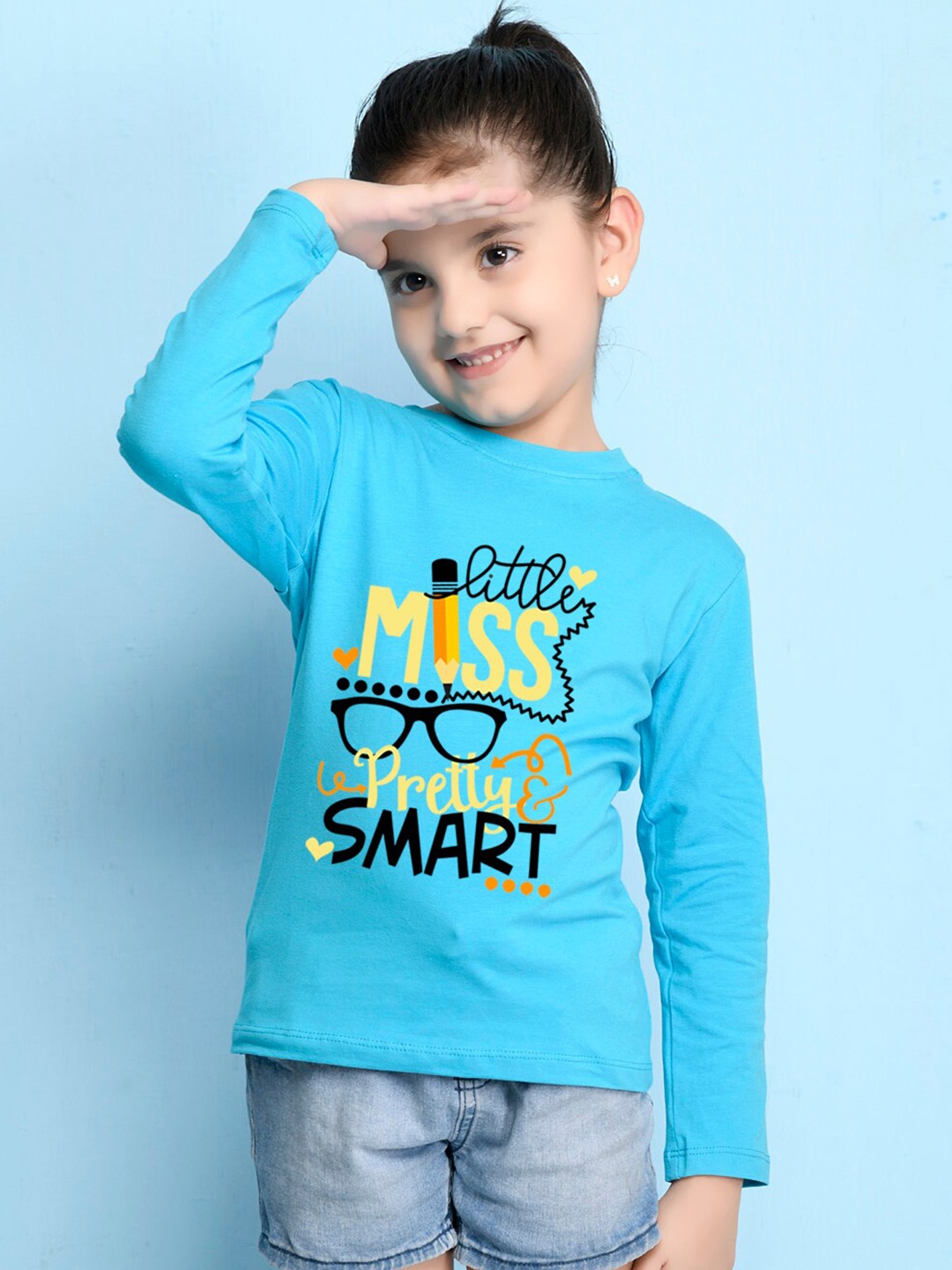 NUSYL Girls Blue Typography Printed T-shirt