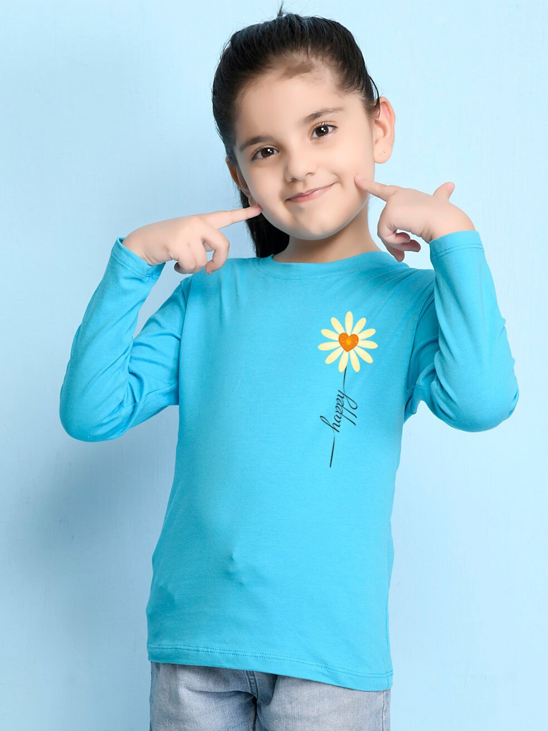 

NUSYL Girls Blue Floral Drop-Shoulder Sleeves Tropical T-shirt