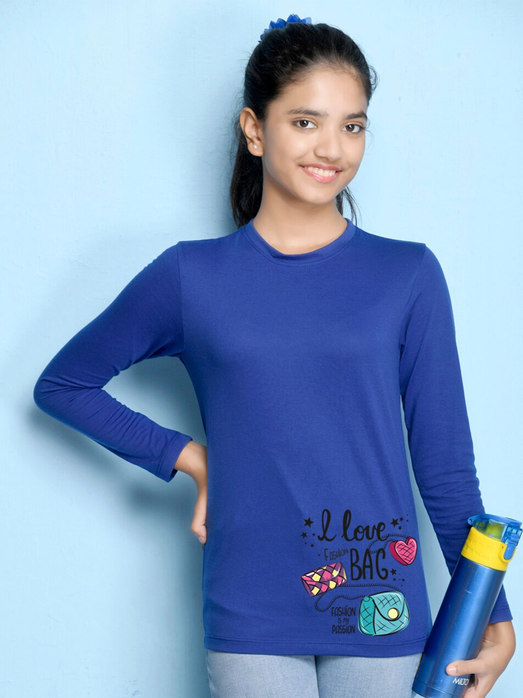 

NUSYL Girls Royal Blue Typography Print Long Sleeves Cotton T Shirt