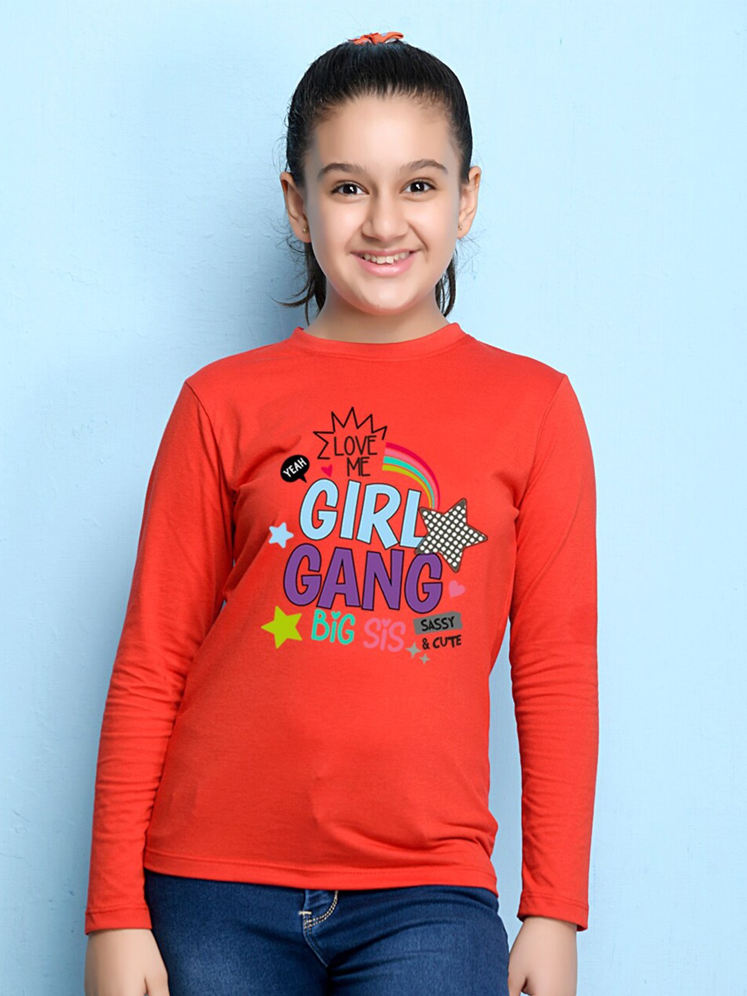 

NUSYL Girls Red Typography Print Long Sleeves Cotton T Shirt