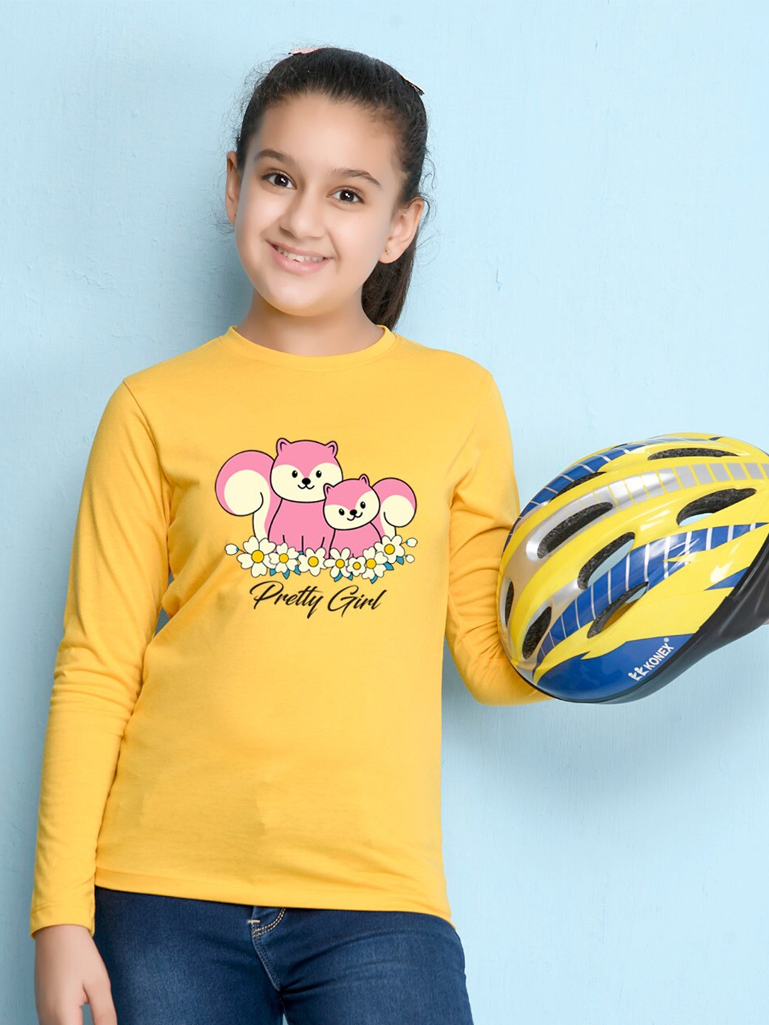 

NUSYL Girls Yellow Graphic Print Long Sleeves Cotton T Shirt