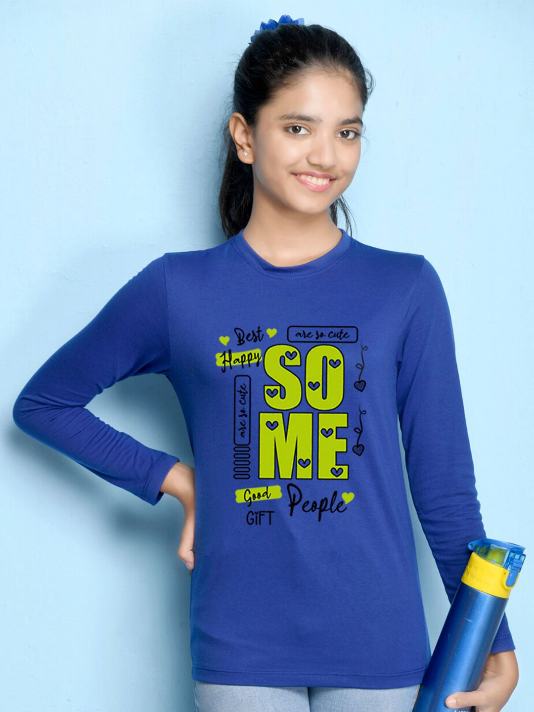

NUSYL Girls Royal Blue Typography Print Long Sleeves Cotton T Shirt