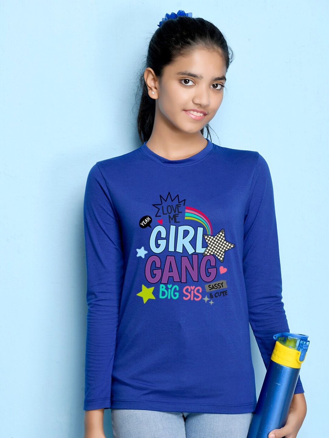 

NUSYL Girls Royal Blue Typography Print Long Sleeves Cotton T Shirt