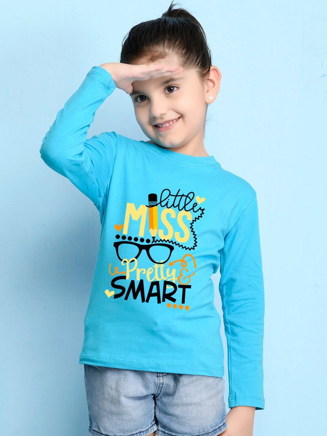 

NUSYL Girls Sky Blue Typography Print Long Sleeves Cotton T Shirt