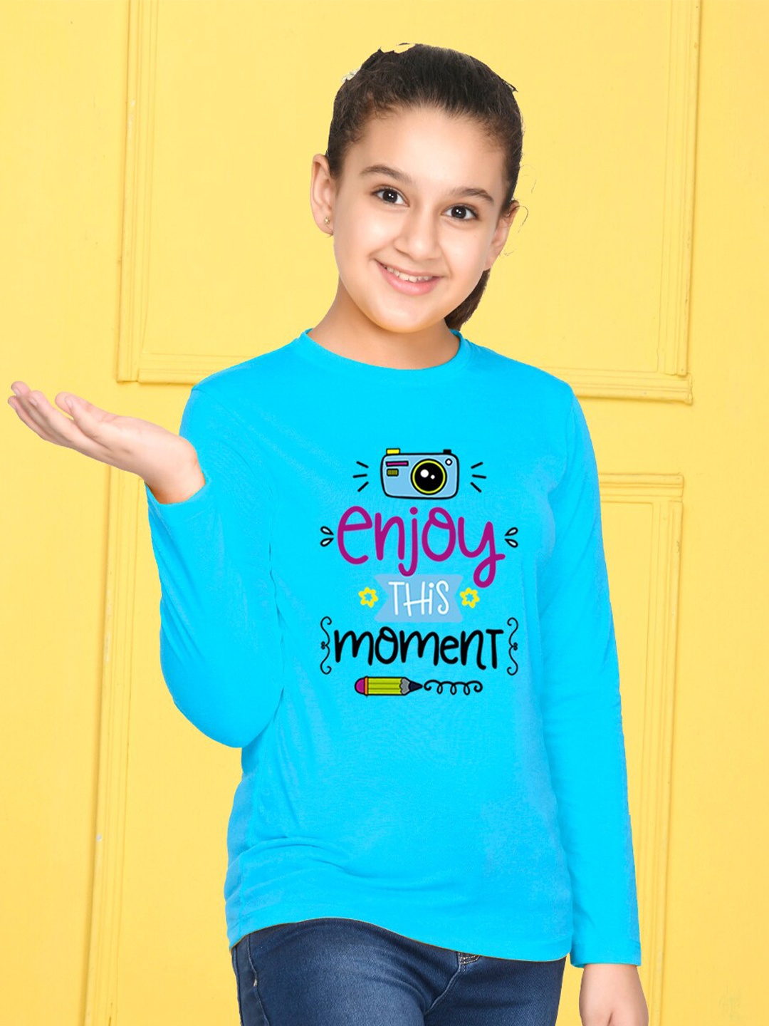 

NUSYL Girls Sky Blue Typography Print Long Sleeves Cotton T Shirt