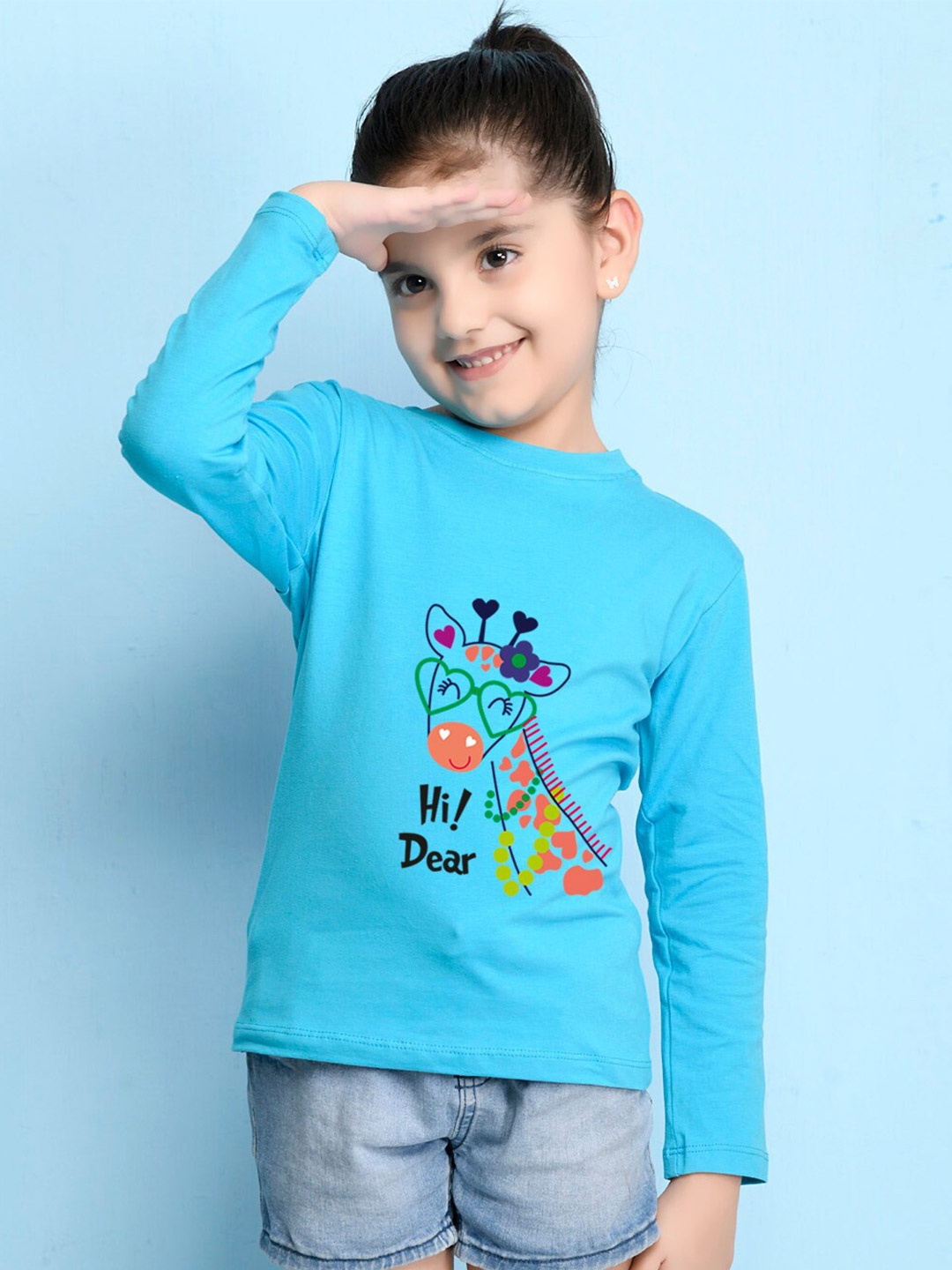 

NUSYL Girls Sky Blue Graphic Print Long Sleeves Cotton T Shirt