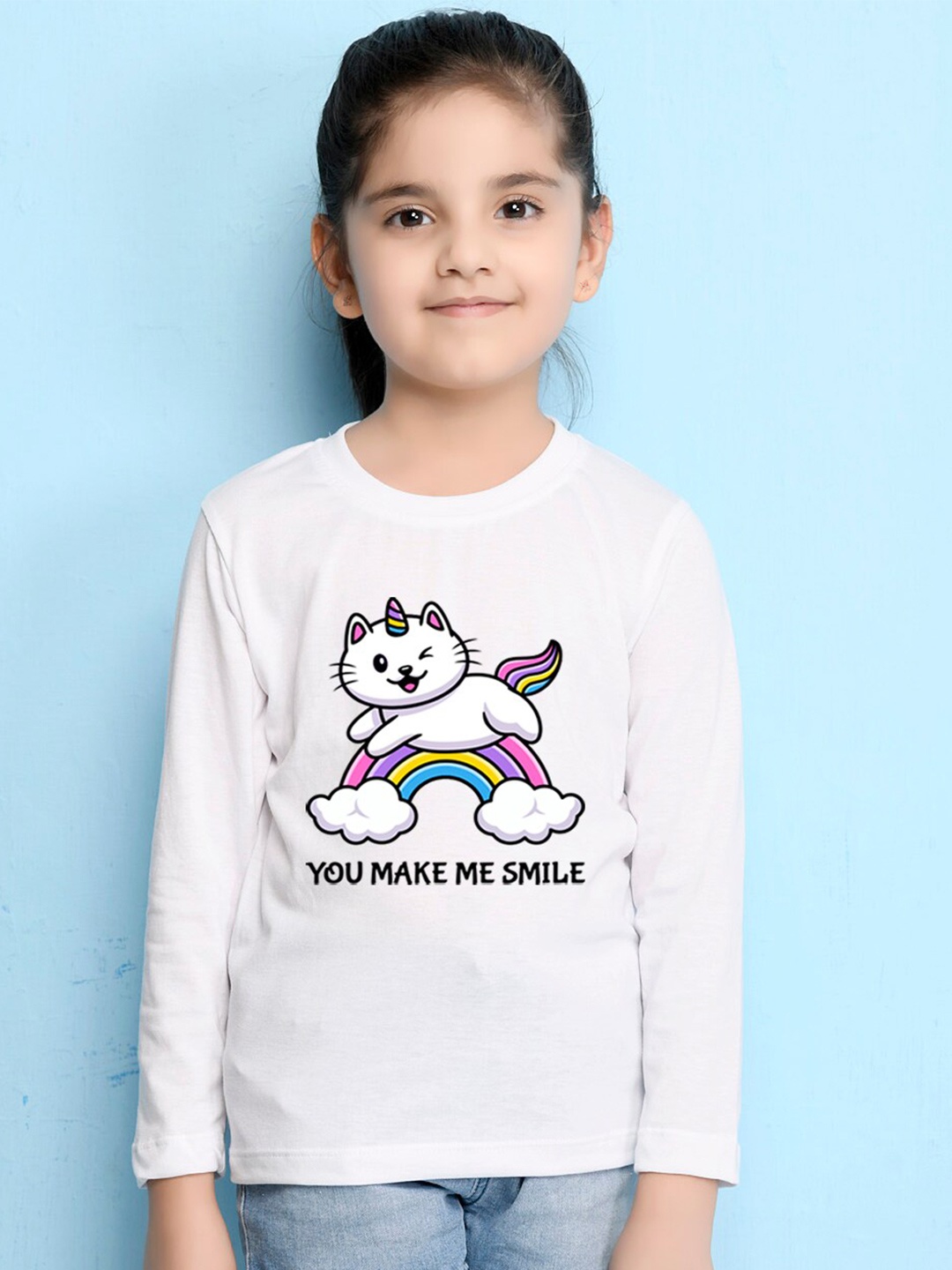 

NUSYL Girls White Graphic Print Long Sleeves Cotton T Shirt