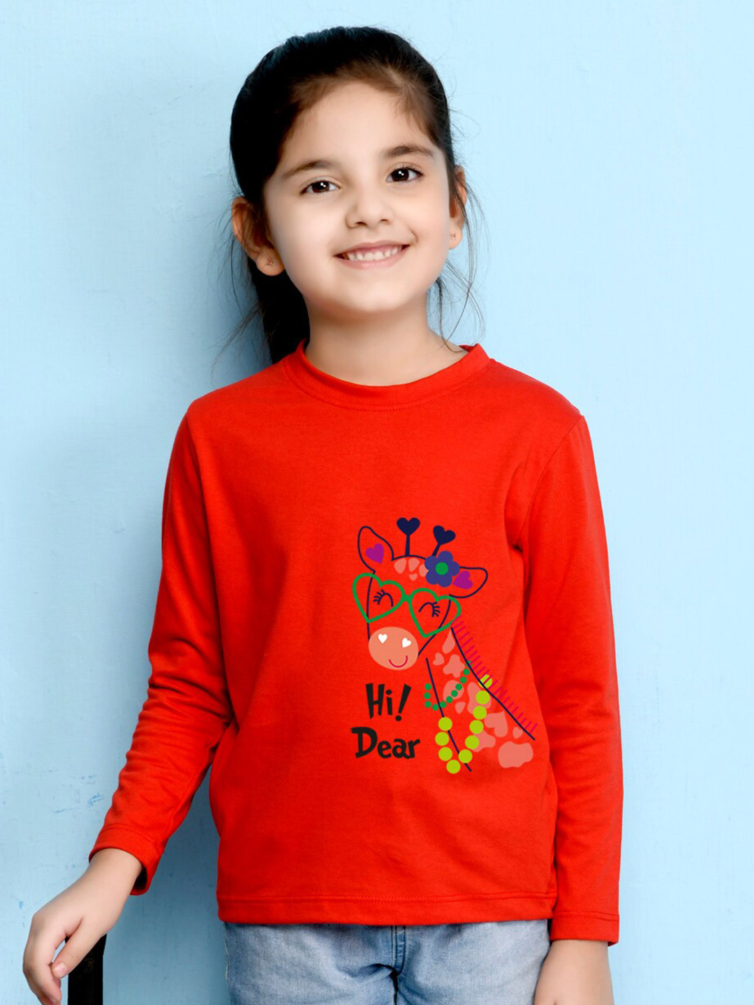 

NUSYL Girls Red Graphic Print Long Sleeves Cotton T Shirt