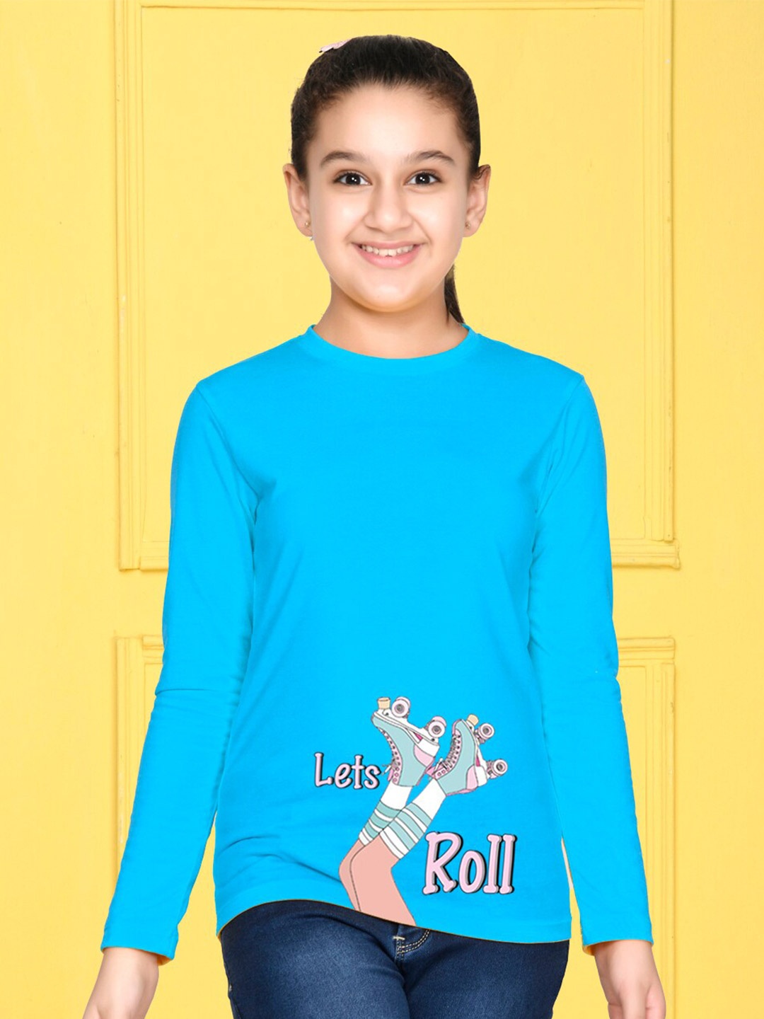 

NUSYL Girls Sky Blue Graphic Print Long Sleeves Cotton T Shirt