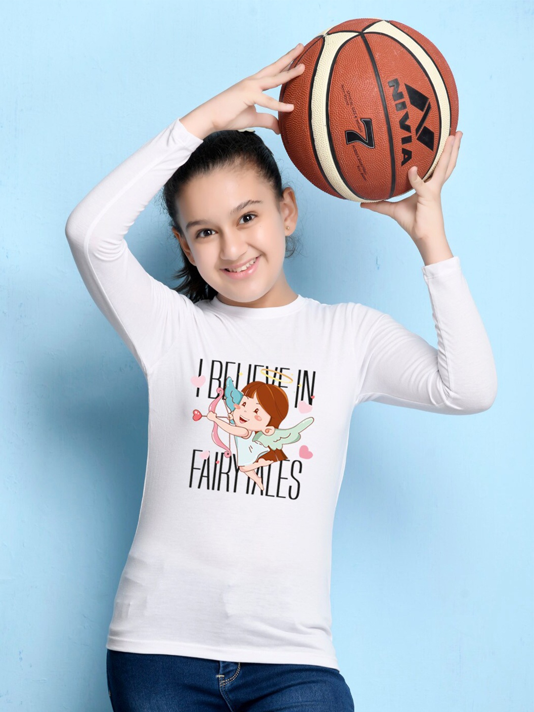

NUSYL Girls White Graphic Print Long Sleeves Cotton T Shirt