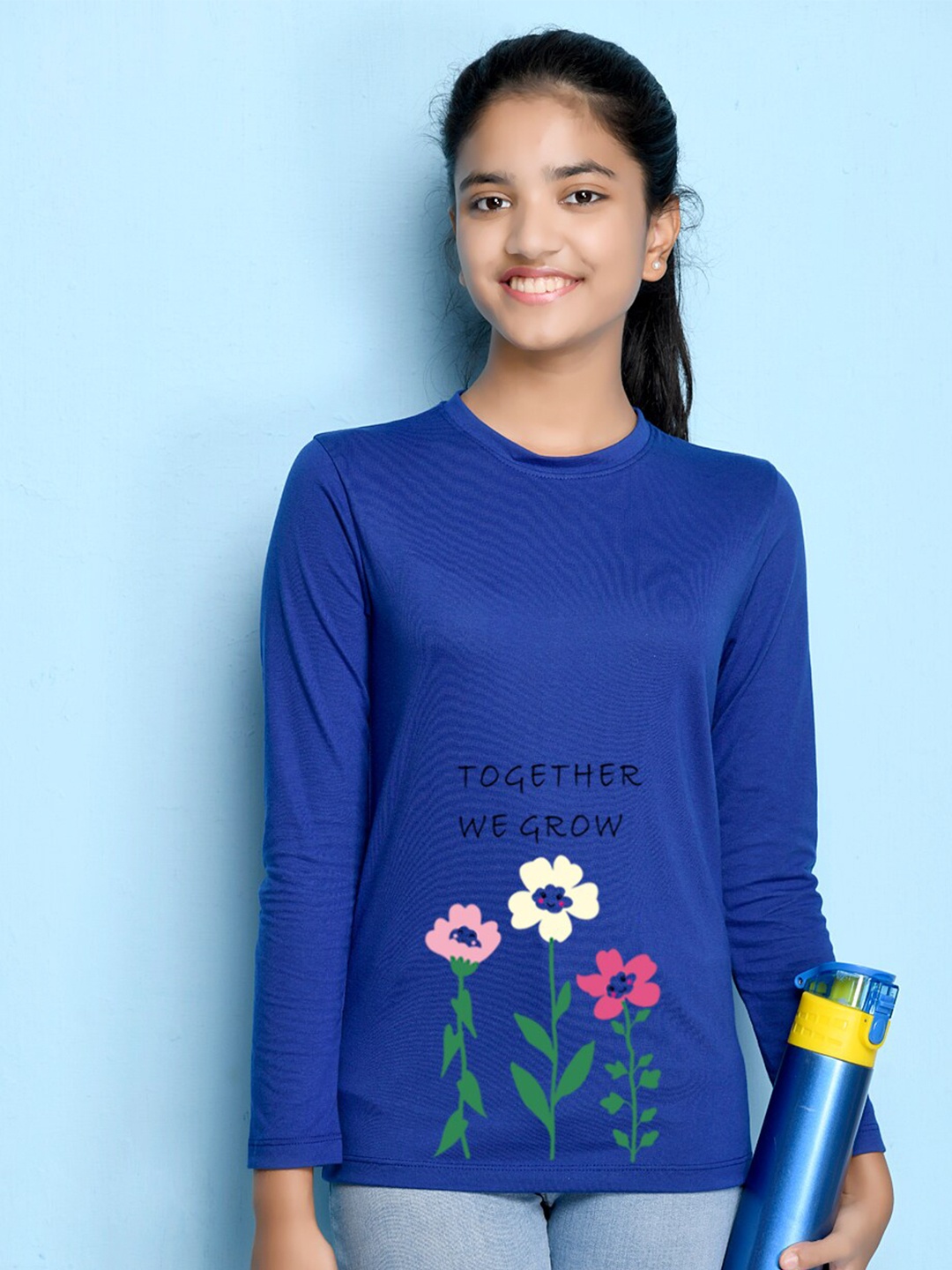 

NUSYL Girls Royal Blue Graphic Print Long Sleeves Cotton T Shirt