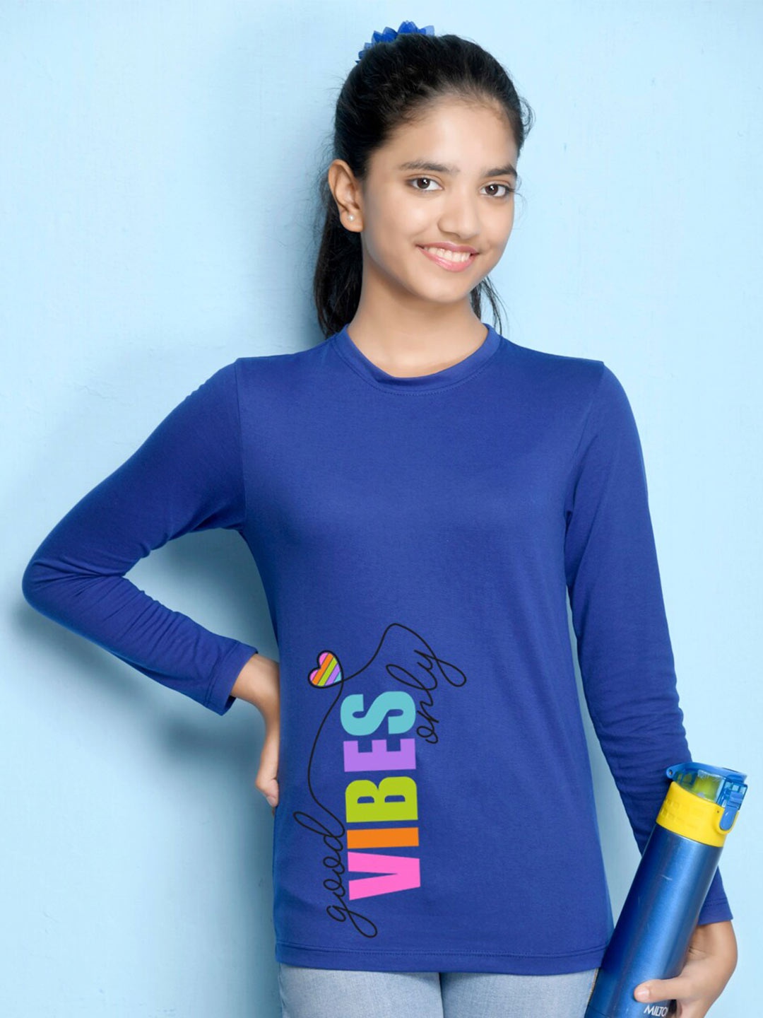 

Nusyl Girls Blue Typography Printed T-shirt