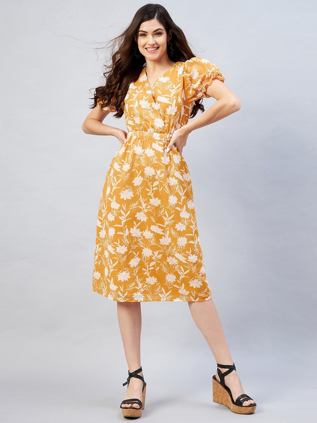 

RARE Mustard Yellow Floral Printed Georgette Dress