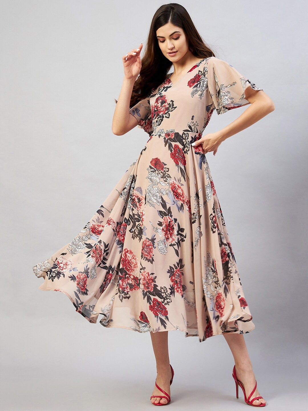 

RARE Nude-Coloured Floral Printed Georgette Maxi Dress