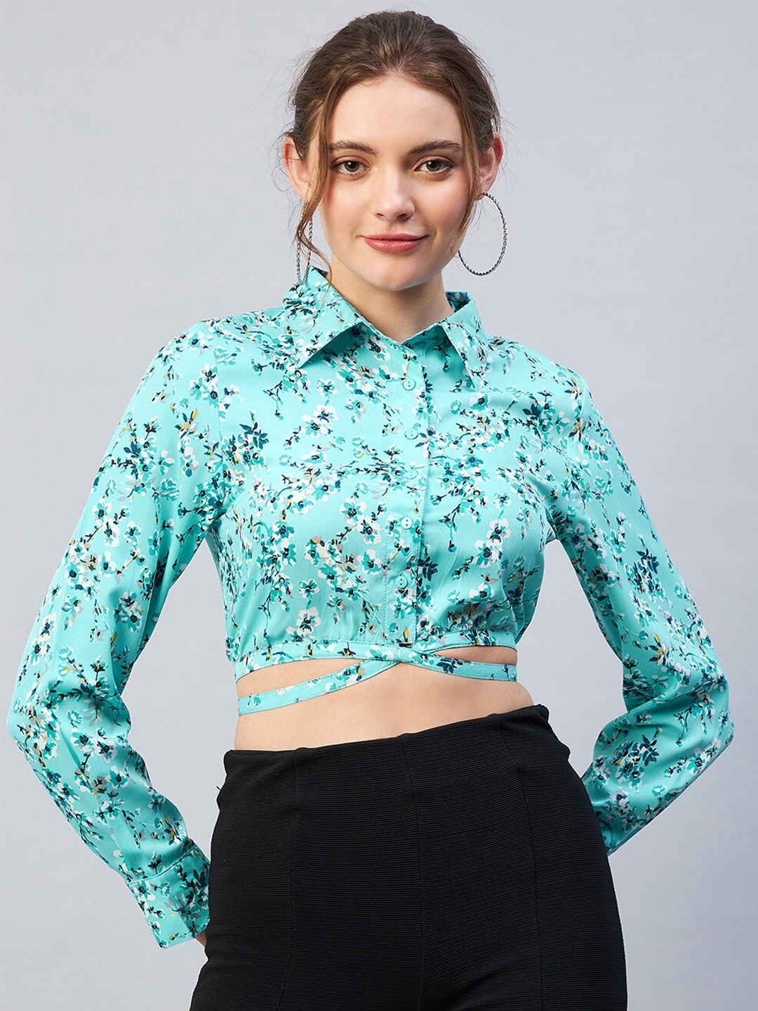 

RARE Sea Green Floral Print Crepe Shirt Style Crop Top