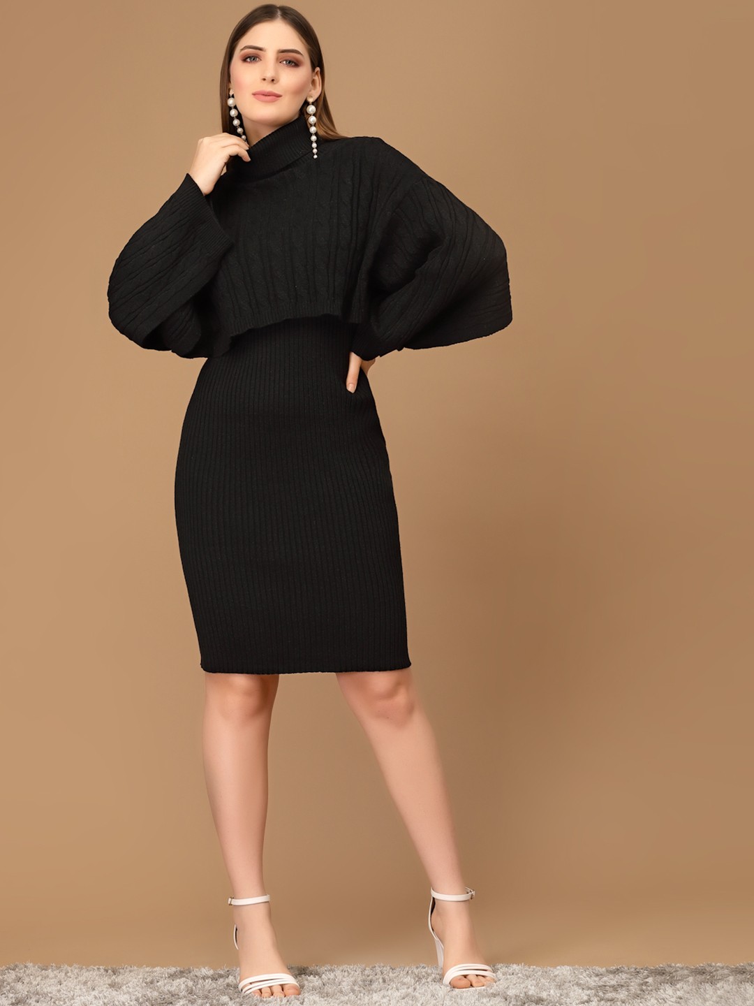 

Mafadeny Black Self Designed Sweater Dress