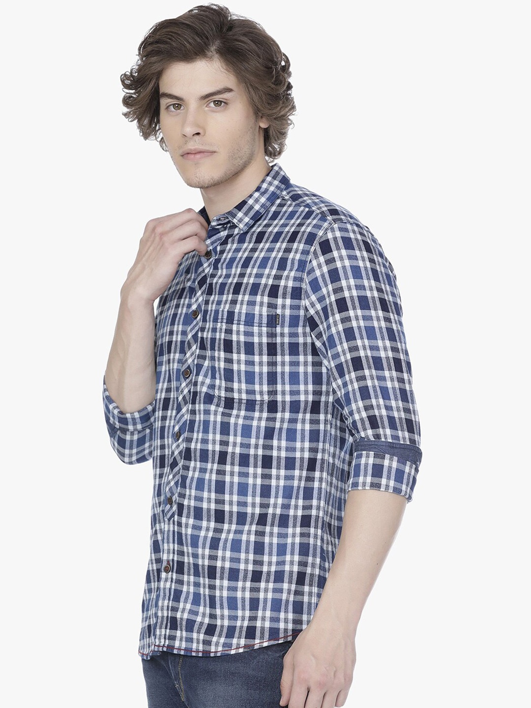 

Voi Jeans Men Blue Slim Fit Tartan Checked Cotton Casual Shirt
