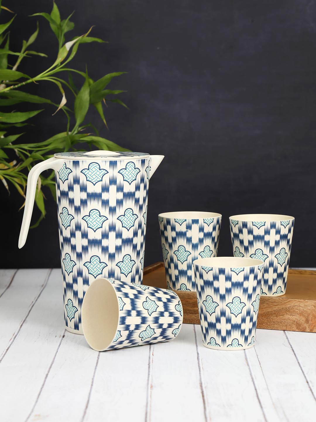 

India Circus by Krsnaa Mehta 5 Pieces of White & Blue Printed Bamboo Jug With Tumbler