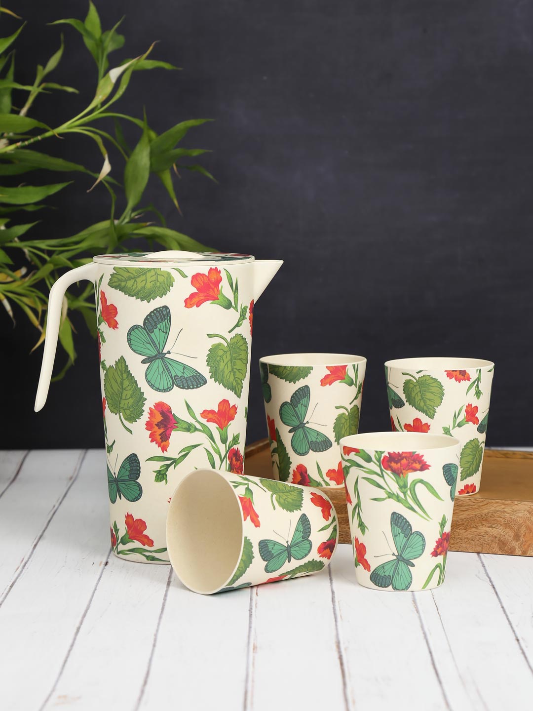 

India Circus by Krsnaa Mehta 5 Pieces of White & Green Printed Bamboo Jug with Tumbler