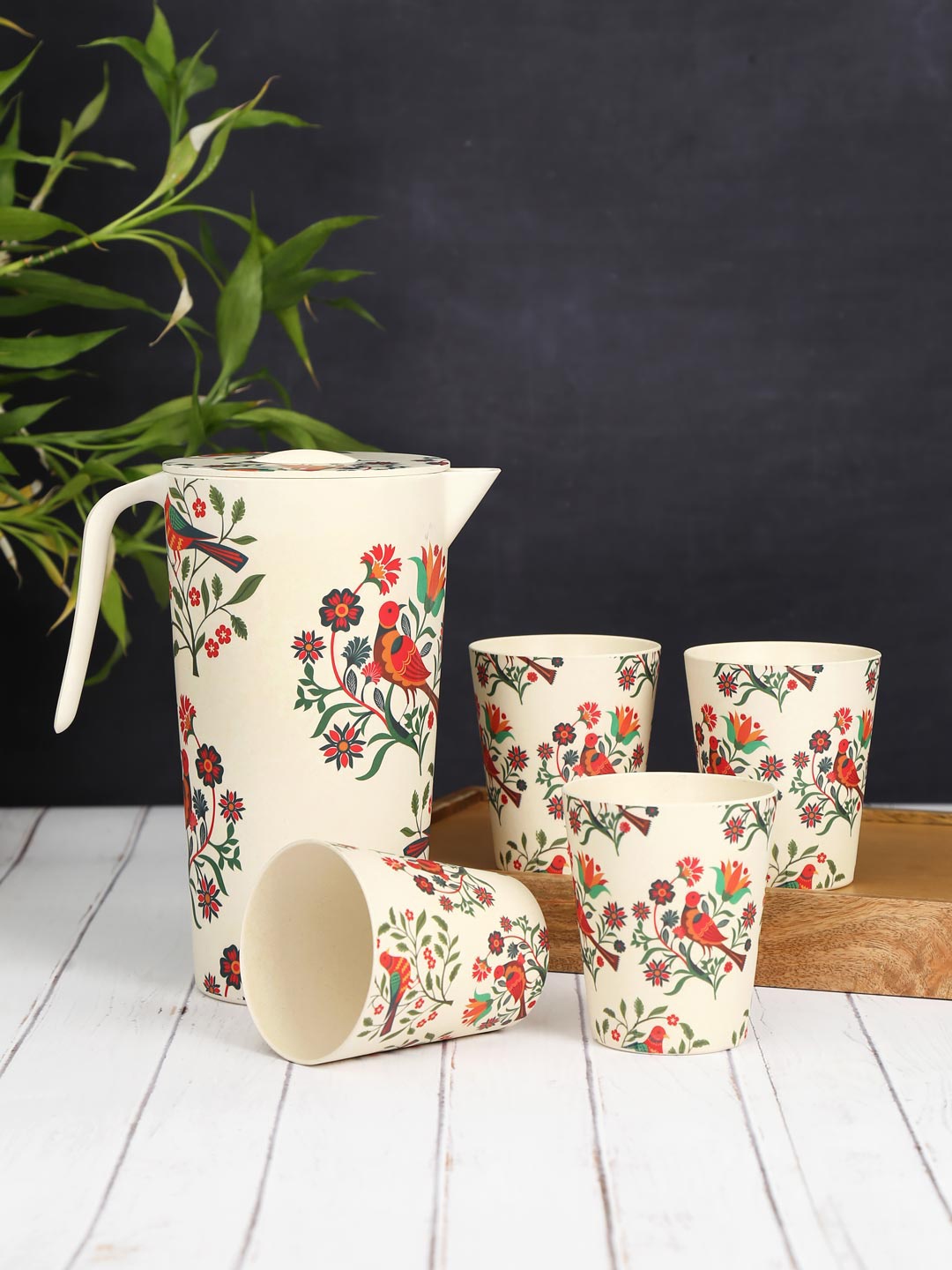 

India Circus by Krsnaa Mehta 5 Pieces of Beige Printed Bamboo Jug with Tumbler