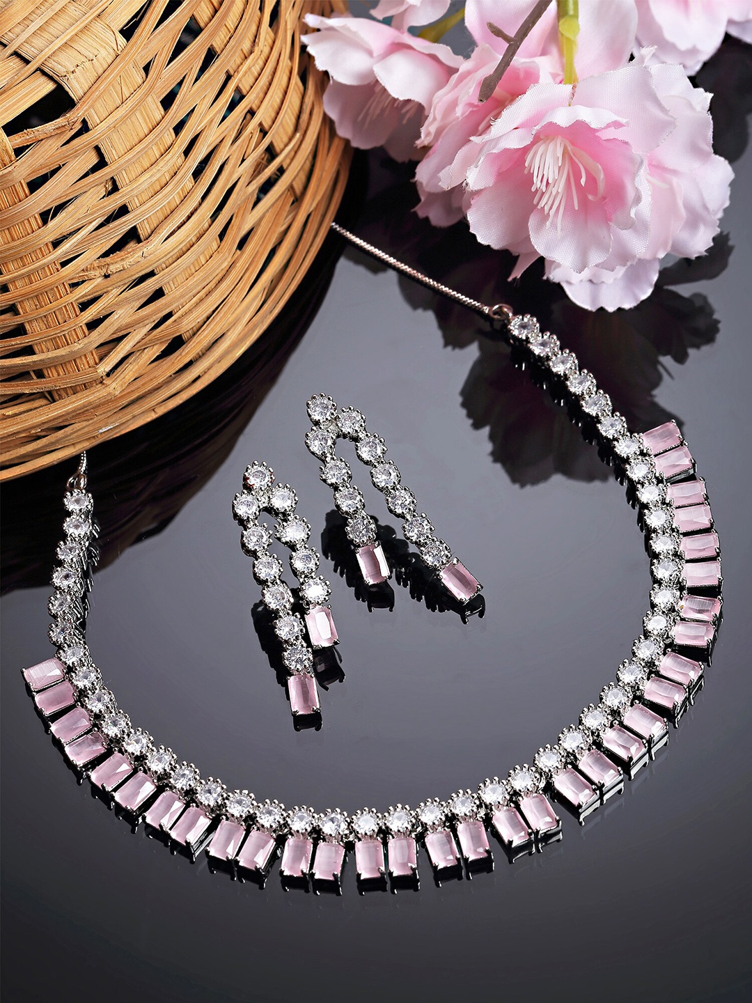 

KARATCART Sliver-Plated & Pink CZ Studded Jewellery Set, Silver