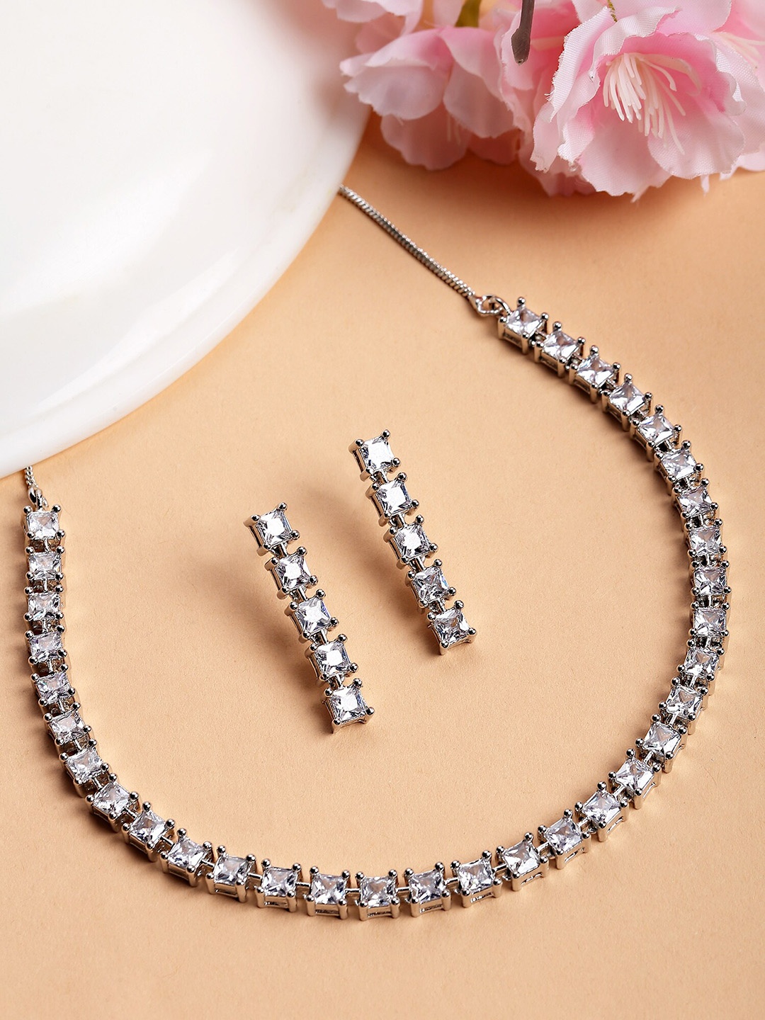 

KARATCART Silver-Plated & White CZ-Studded Jewellery Set