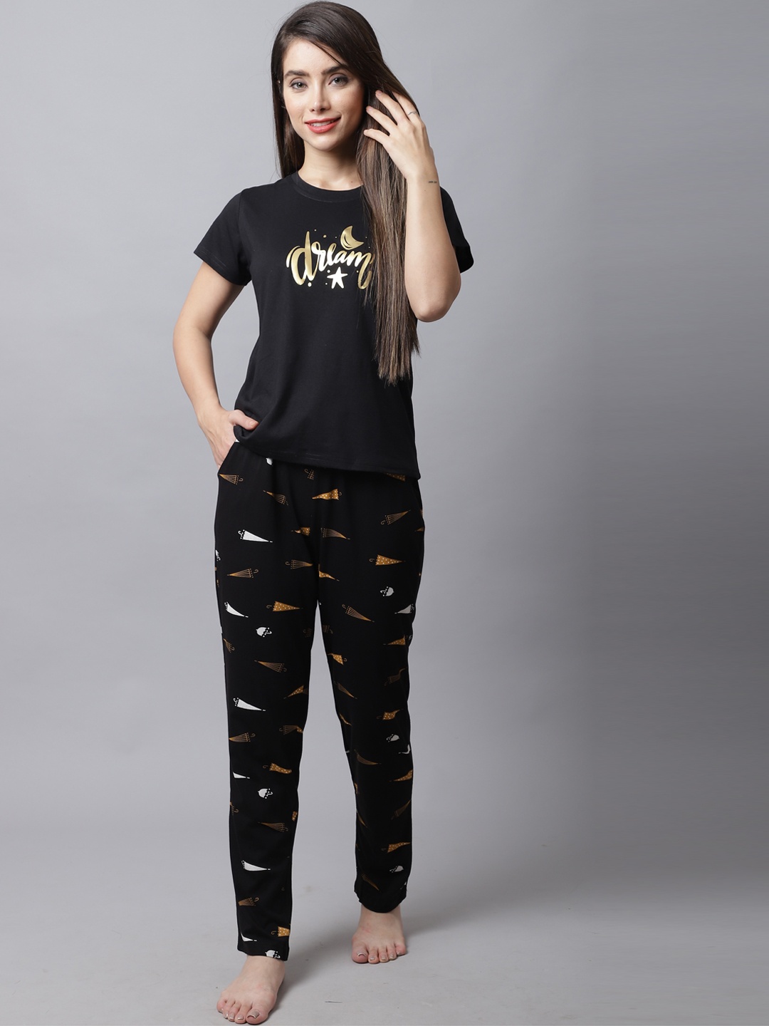 

Boston Club Women Black & Gold-Toned Printed Night Suit