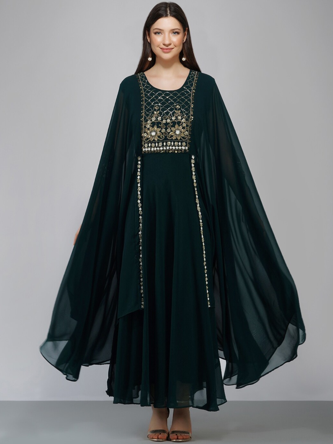 

Ziva Fashion Women Green Embellished Flared Sleeves Georgette Maxi Dress