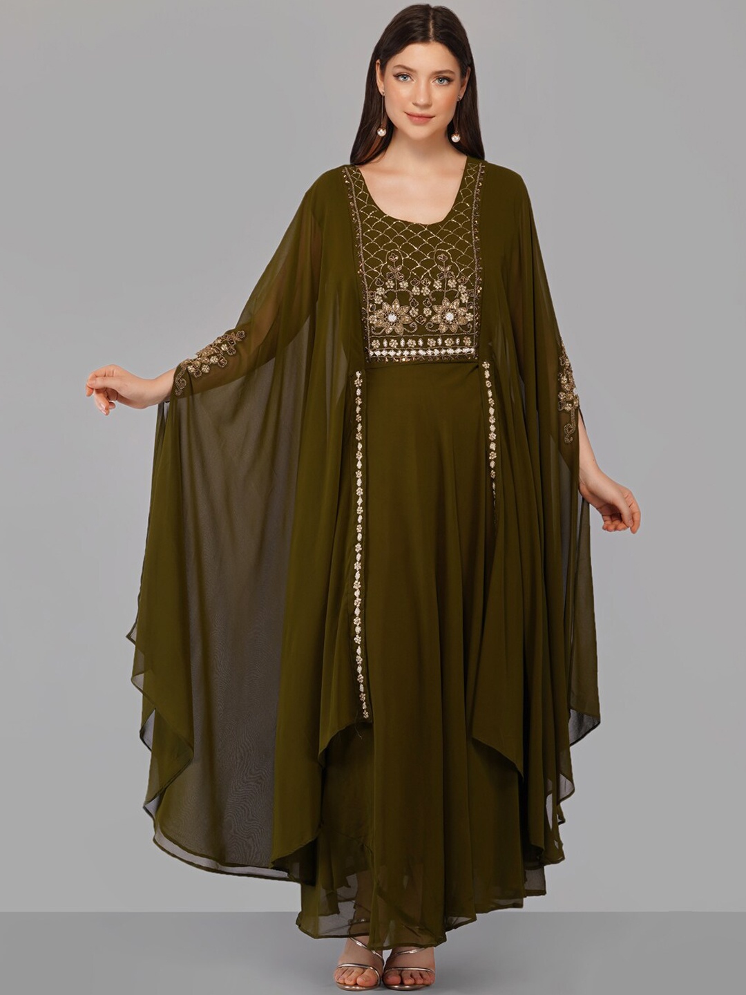

Ziva Fashion Women Olive Green Embellished Flared Sleeves Georgette Maxi Dress
