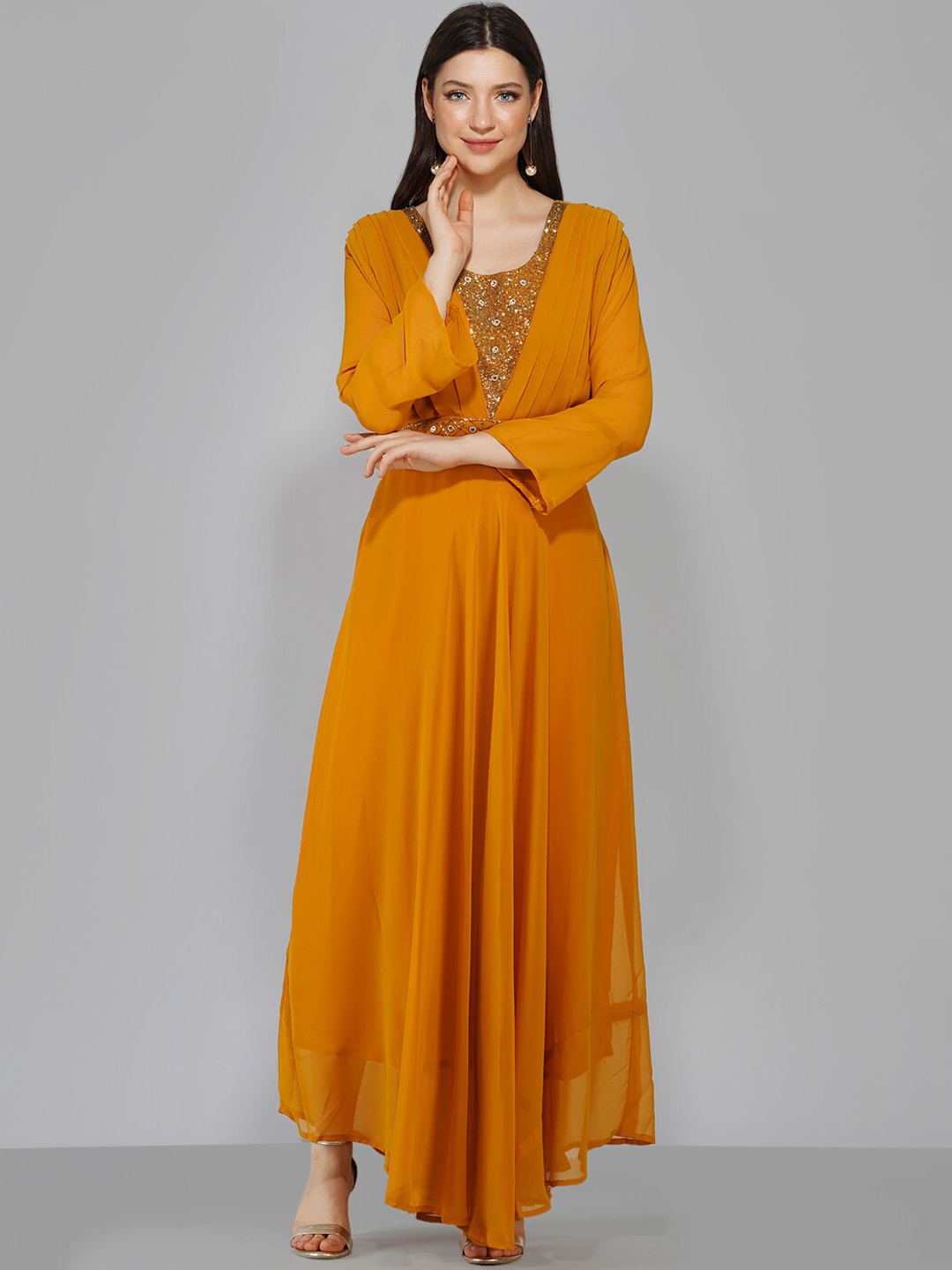 

Ziva Fashion Women Mustard Yellow Embellished Georgette Maxi Dress With Dupatta