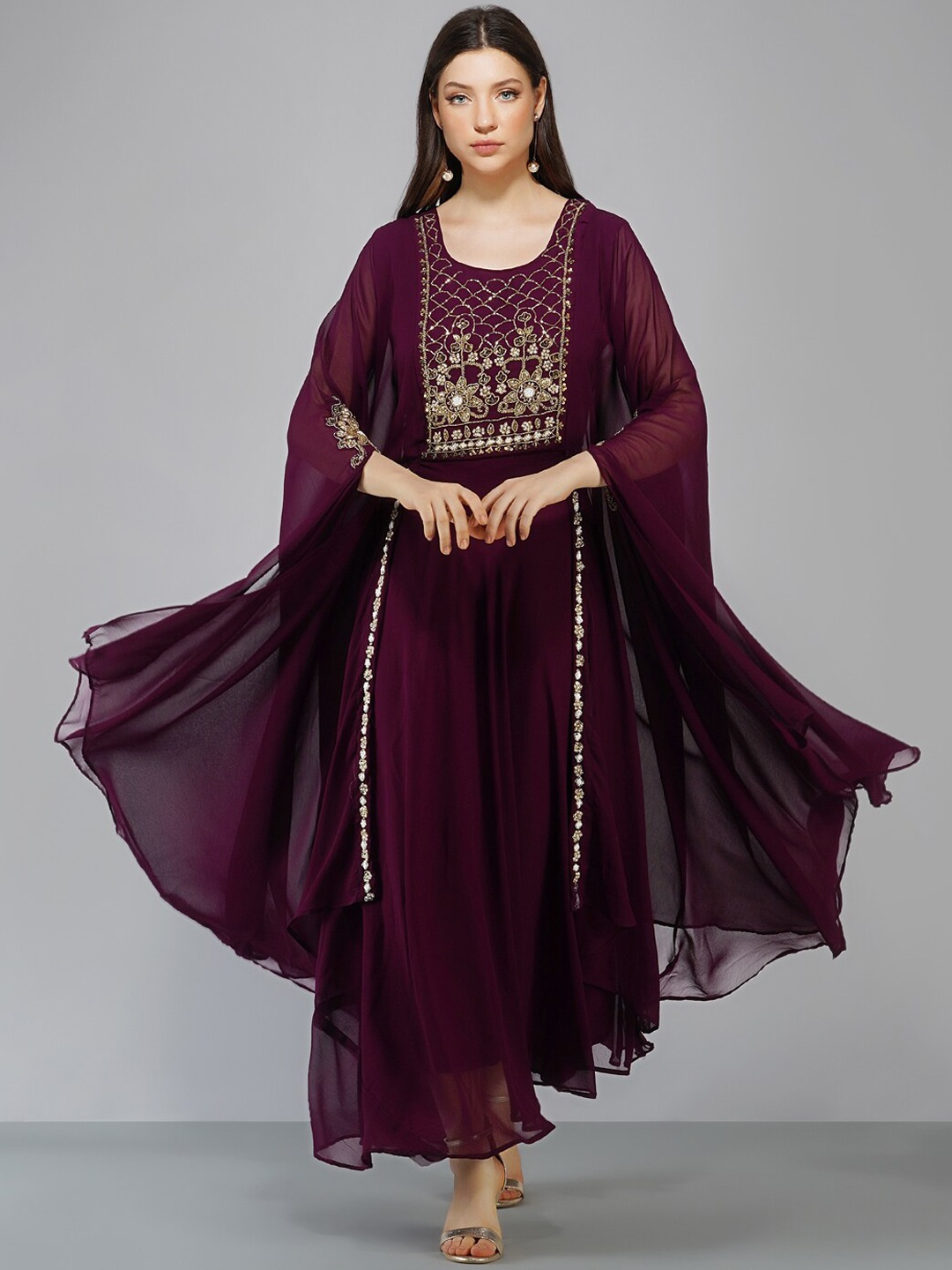 

Ziva Fashion Women Burgundy Embellished Flared Sleeves Georgette Maxi Dress