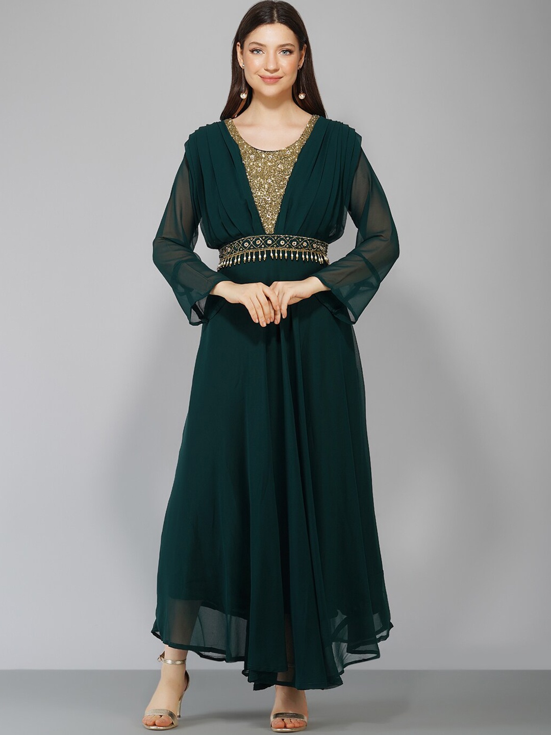 

Ziva Fashion Women Green Embellished Georgette Maxi Dress With Dupatta