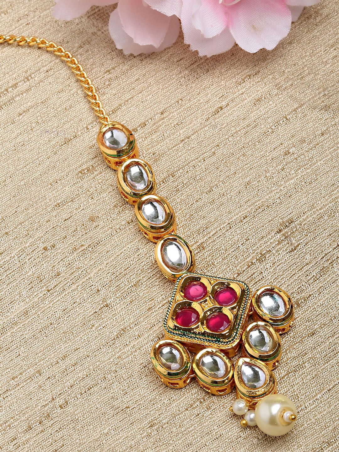 

KARATCART Gold-Plated Gold-Toned Red Kundan Studded Head Jewellery
