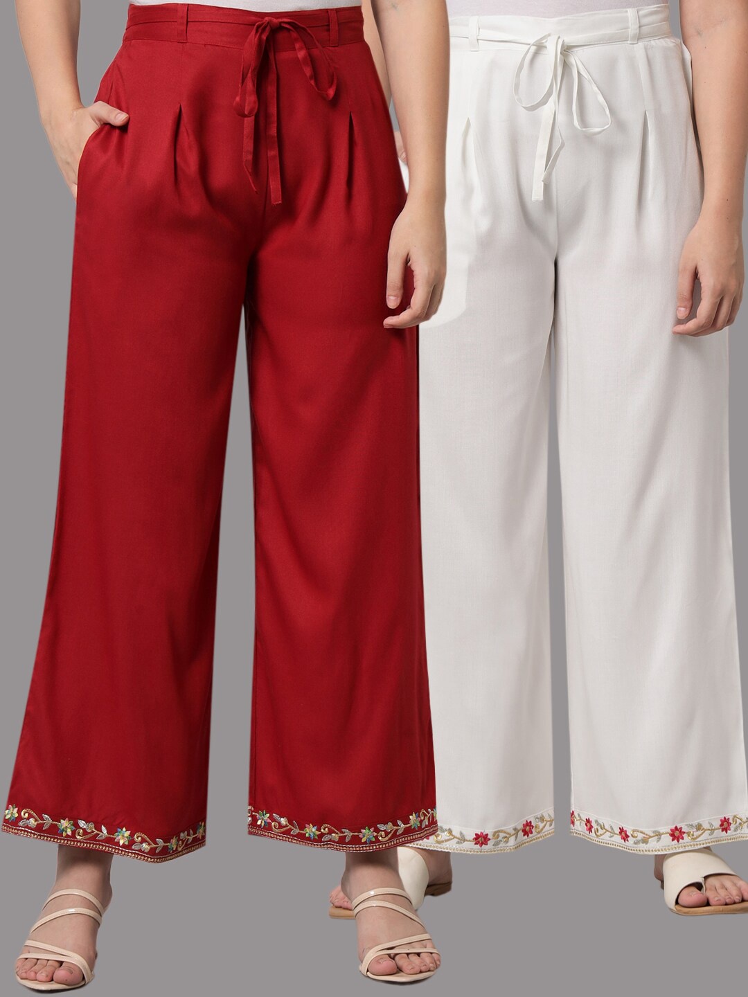 

Tulsattva Women White & Red Pack of 2 Embroidered Flared Ethnic Palazzos