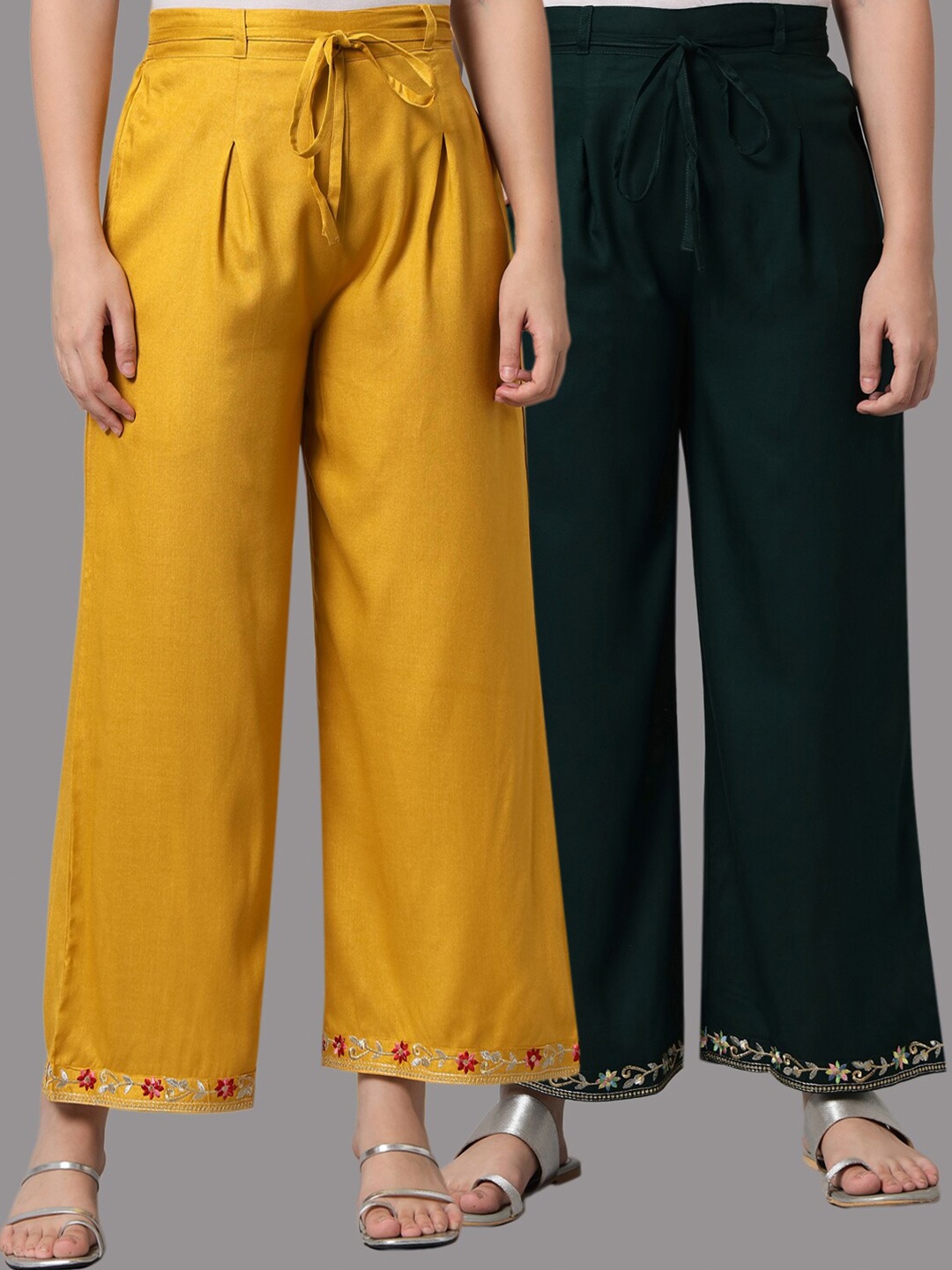 

Tulsattva Women Mustard Yellow & Green Pack of 2 2 Embroidered Flared Ethnic Palazzos