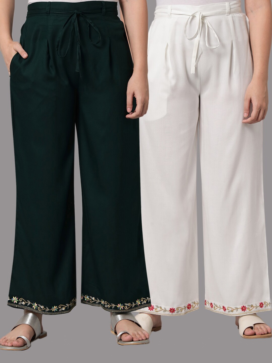 

Tulsattva Women White & Green Pack of 2 Embroidered Ethnic Palazzos