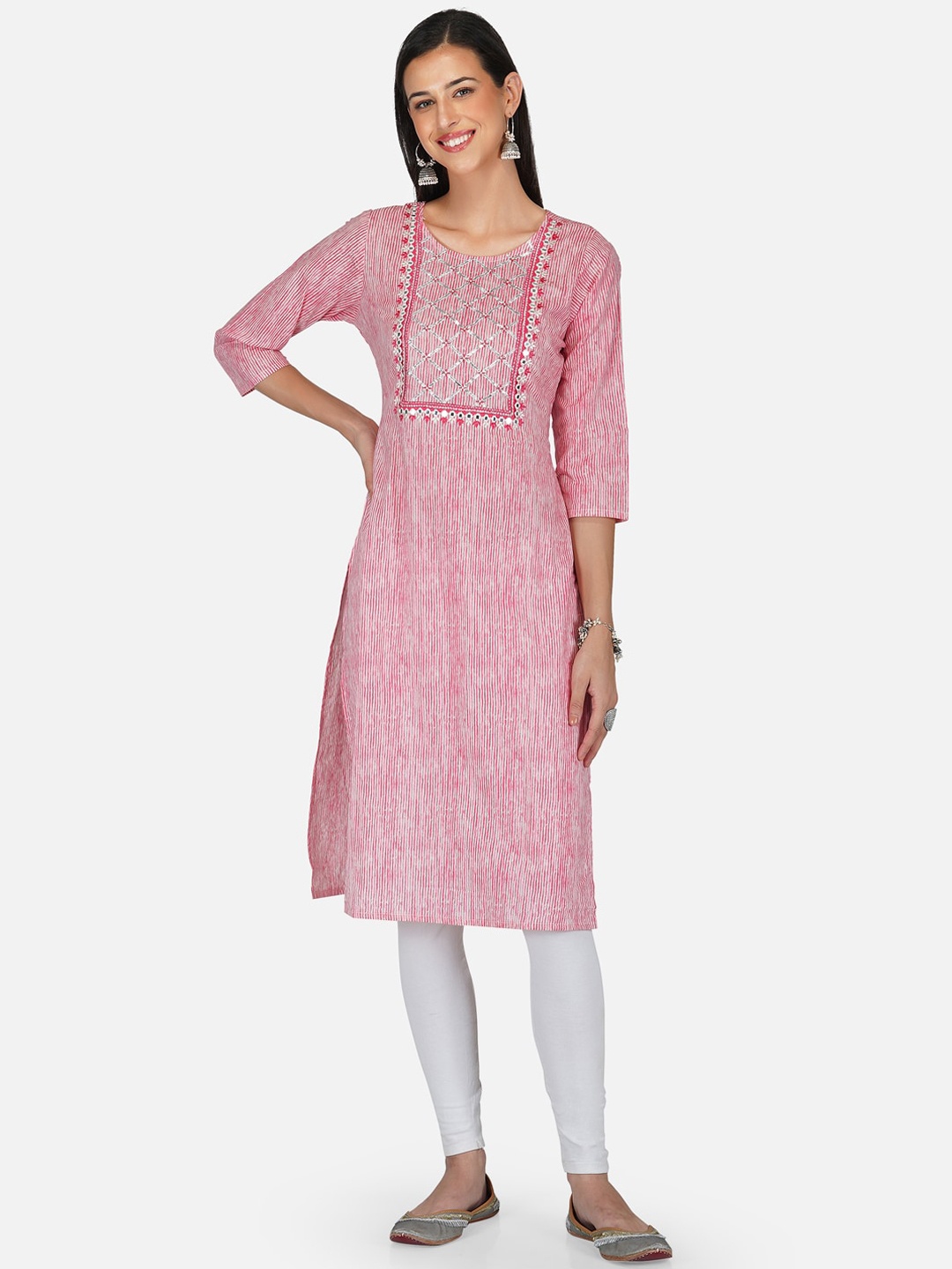 

METRO-FASHION Women Pink & Silver-Toned Asymmetric Print Kurta