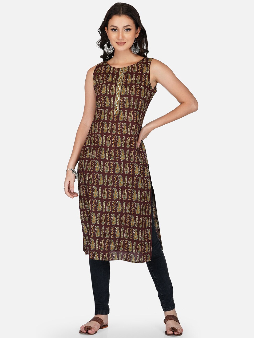 

METRO-FASHION Women Brown & Mustard Yellow Printed Straight Kurta