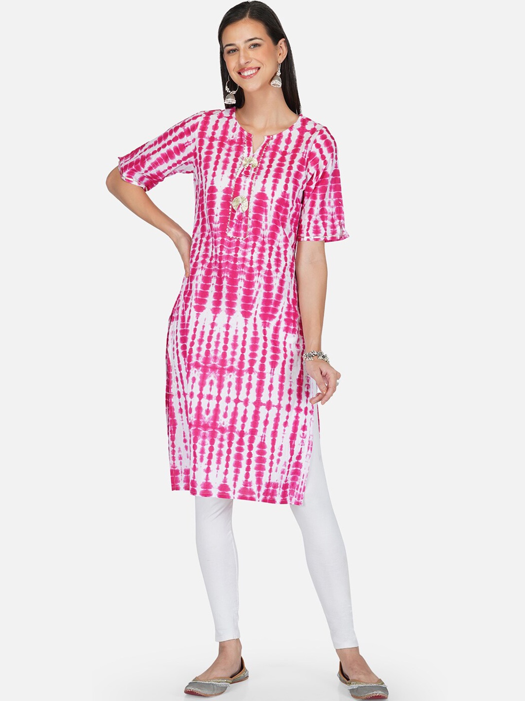 

METRO-FASHION Women Pink & White Dyed Straight Kurta