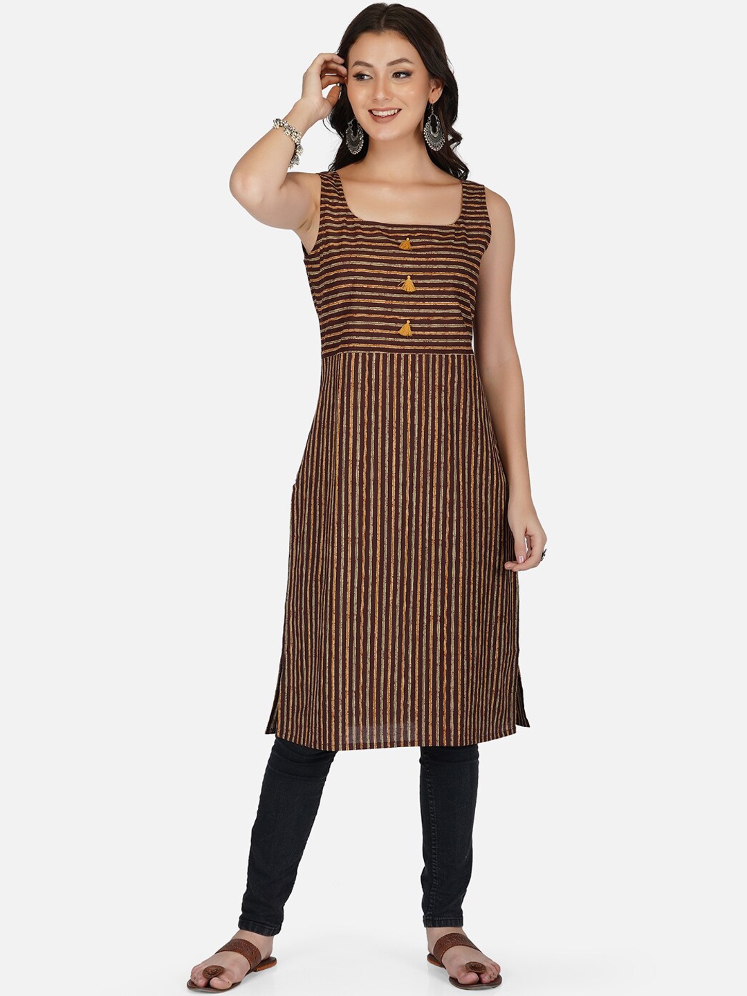 

METRO-FASHION Women Brown & Mustard Yellow Striped Straight Kurta