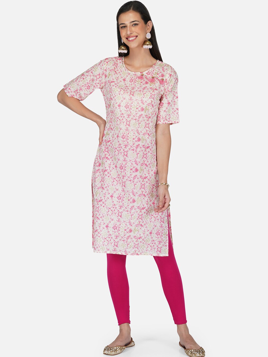 

METRO-FASHION Women Cream-Coloured & Pink Floral Printed Straight Kurta