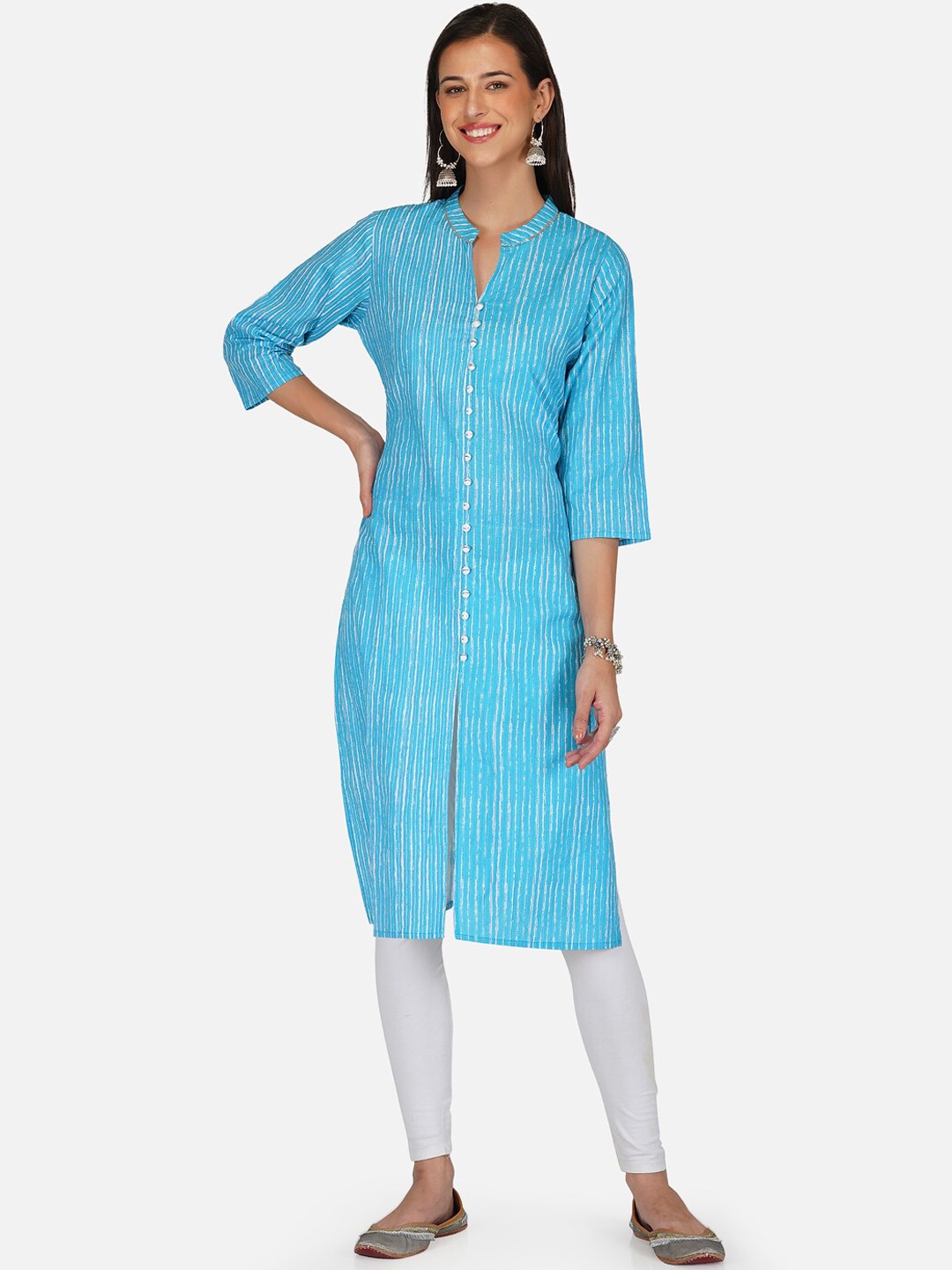 

METRO-FASHION Women Blue & White Striped Straight Kurta