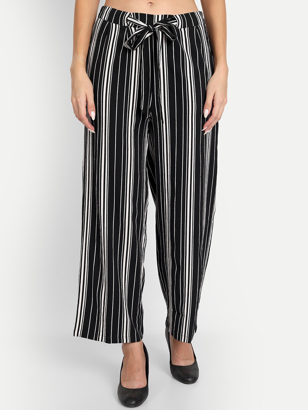 

D 'VESH Women Black Striped Loose Fit High-Rise Trousers