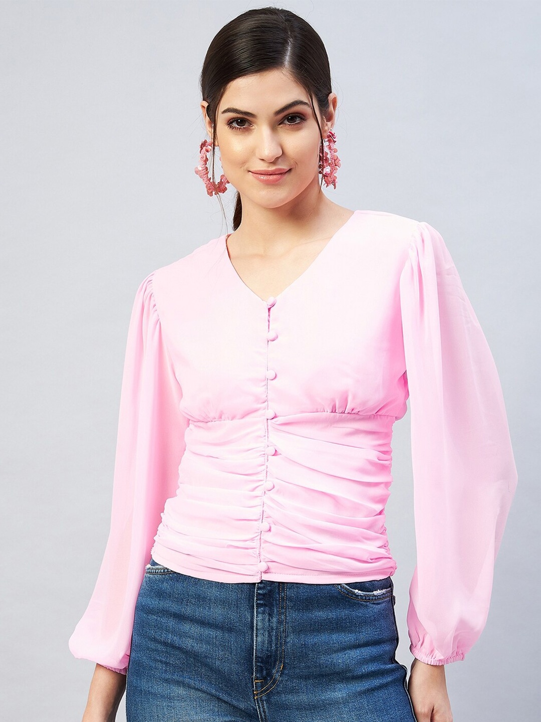 

Carlton London Pink Bishop Sleeves Georgette Shirt Style Top