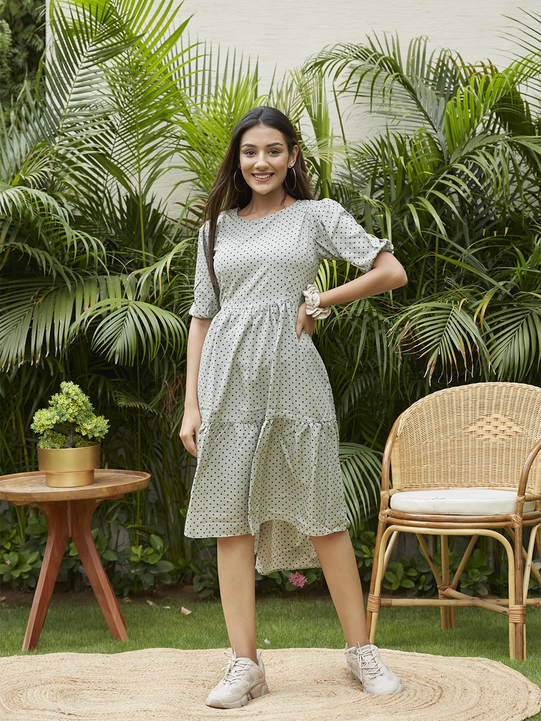 

NANGALIA RUCHIRA Green Crepe Polka Dot Tiered Dress