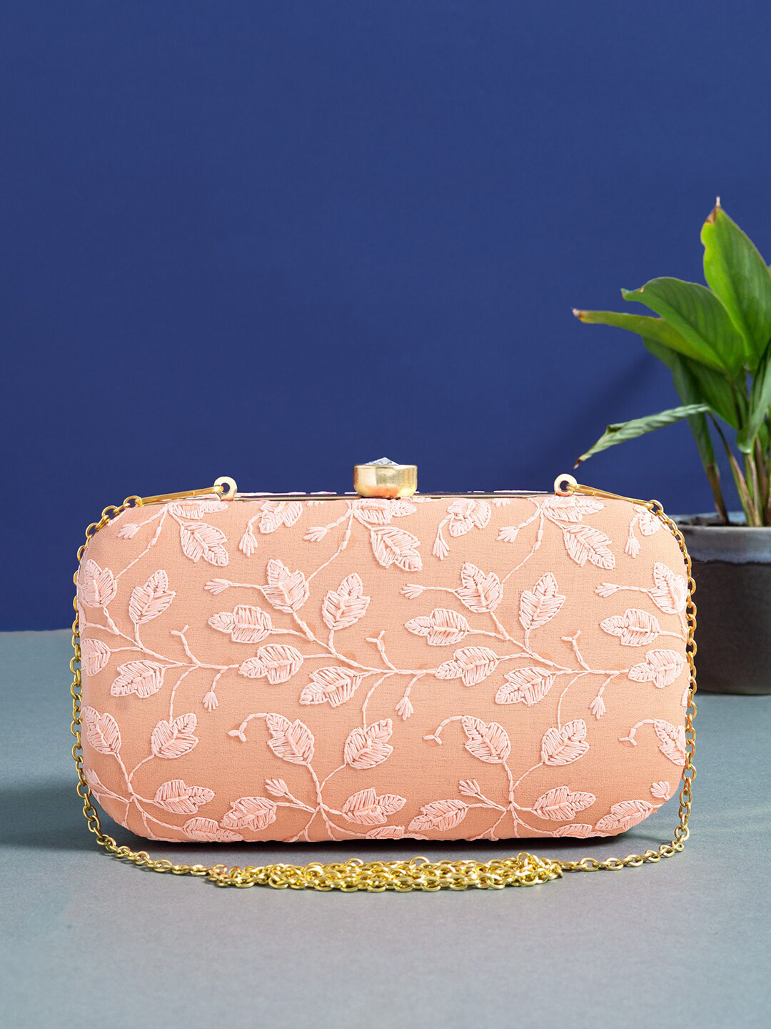 

Golden Peacock Women Peach & Gold Embroidered Shoulder Strap Box Clutch