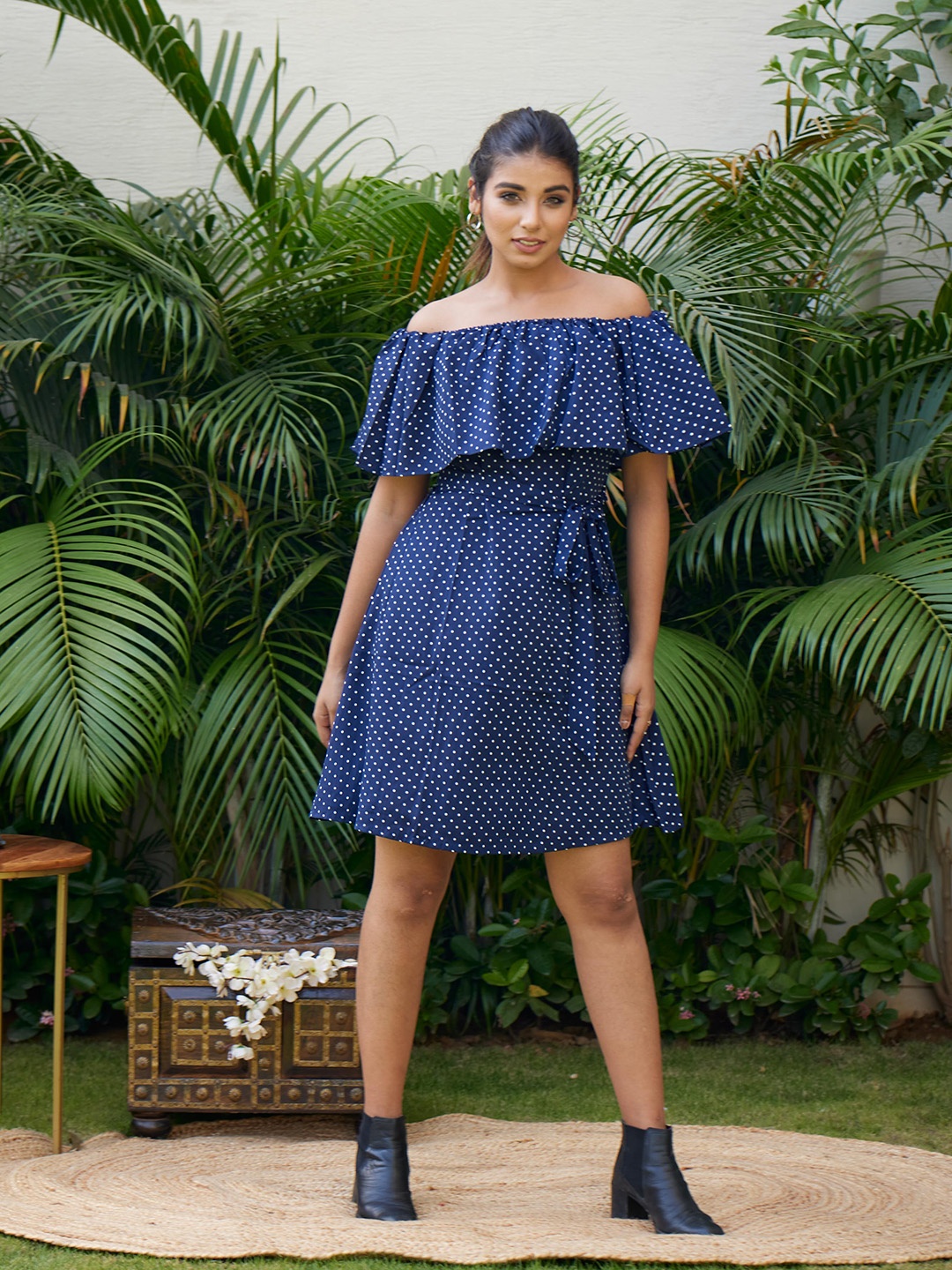 

NANGALIA RUCHIRA Blue Off-Shoulder Polka Dot Crepe Dress