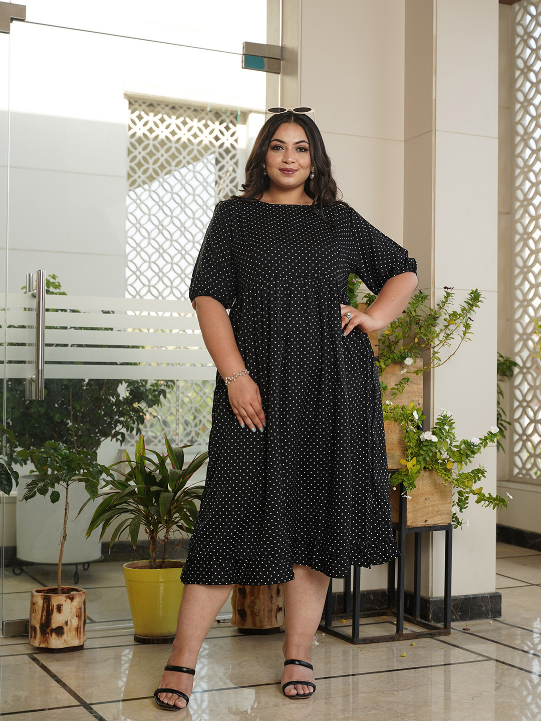 

NANGALIA RUCHIRA Black Crepe Polka Dot Midi Dress