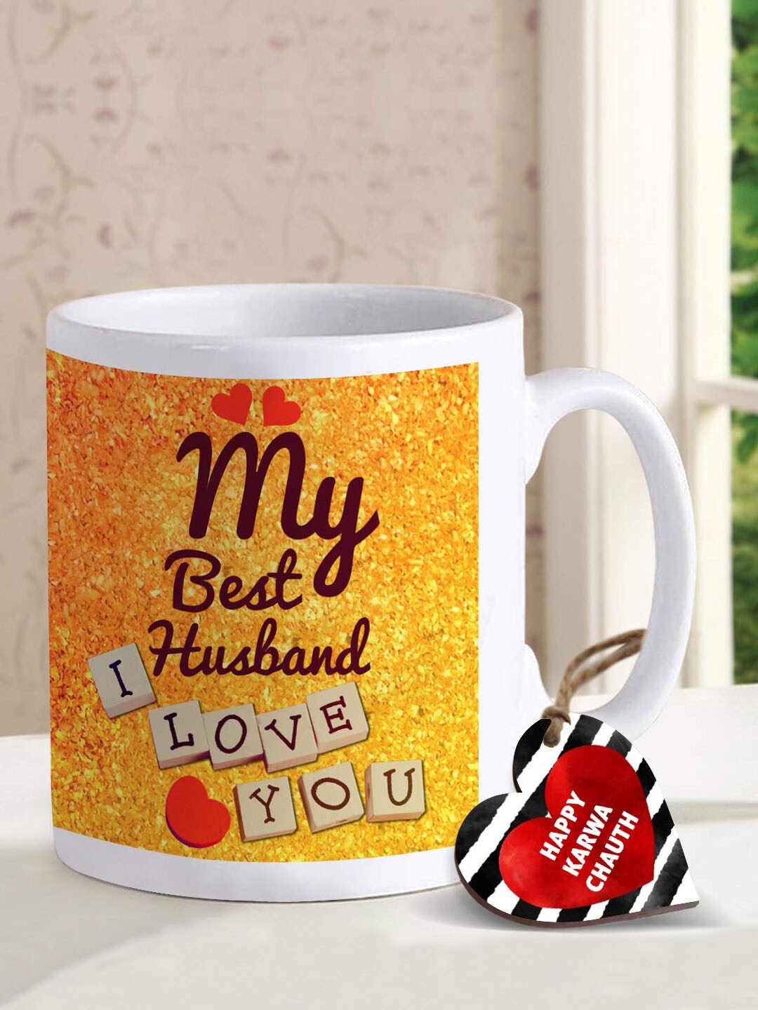 

TIED RIBBONS White & Yellow Karwachauth Printed Coffee Mug & Tag Gift Set
